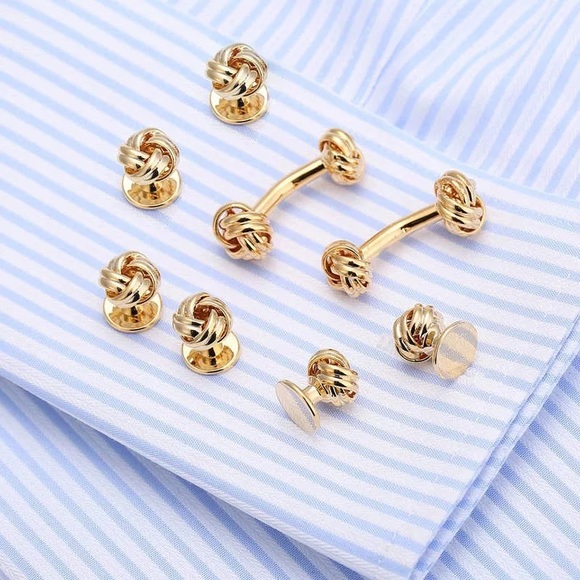 ‘Tying the Knot’ Gold Knotted Cufflinks Tuxedo Studs Formal 8 Pcs Set - Picture 3 of 17